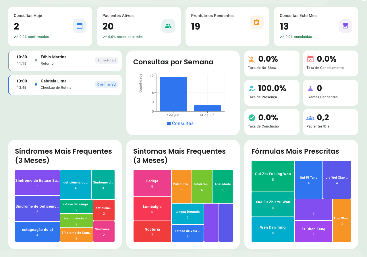 Patient progress dashboard: most frequent syndromes, symptoms and formulas over the last three months